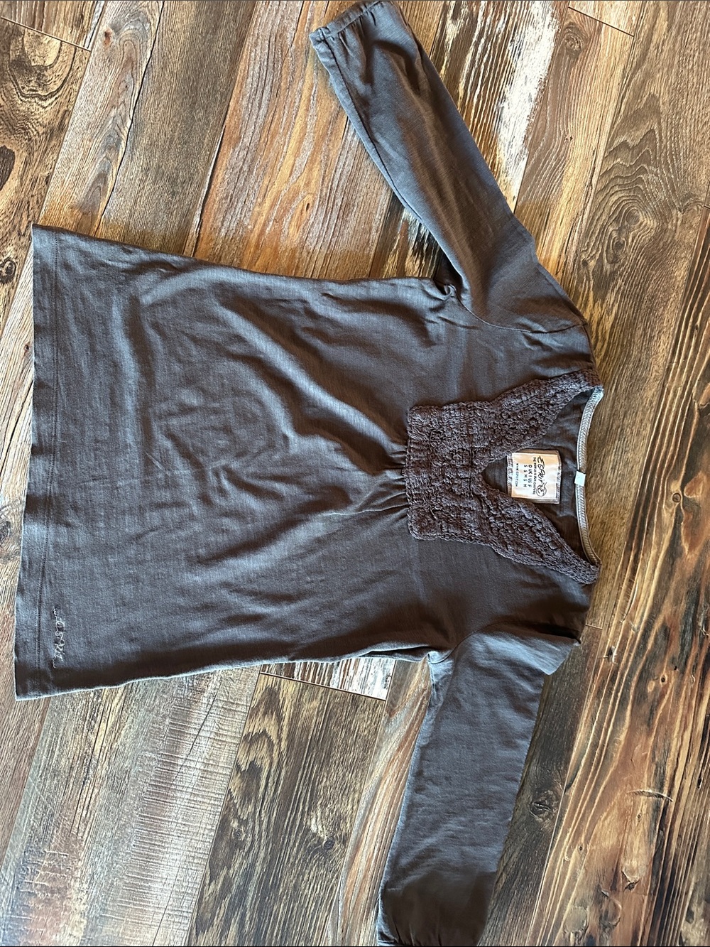 Esprit Women's Long Sleeve Lace-Yoke Tee in Charcoal Gray